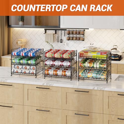 JKsmart 3-Tier Stackable Can Organizer, Storage Can Rack for Kitchen Pantry Cabinet, Holds Up to 72 Cans, Multifunctional Can Dispenser for Snacks Soda - color: Black-2 pack, size: 3 Tier
