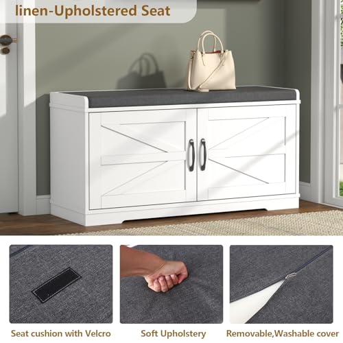 Loomie Shoe Storage Bench, 2-Tier Farmhouse Entryway Bench with Padded Seat Cushion, 13.78" D x 39.37" W x 19.69" H, Slim Shoe Cabinet Bench for Entryway, Living Room, Bedroom (White) - color: White