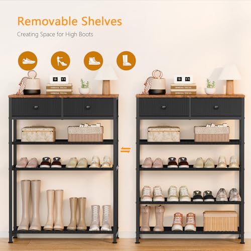usikey Shoe Rack, 5 Tier Shoe Storage Organizer with 2 Drawers, Metal Shoe Shelf for 12-16 Pairs of Shoes, with 4 Oxford Fabric Shelves and Wooden Top, Shoe Stand for Closet Entryway, Black UNYXJX013H - color: 5 Tier ( 28.3 X 11 X 36.2 Inches)-black