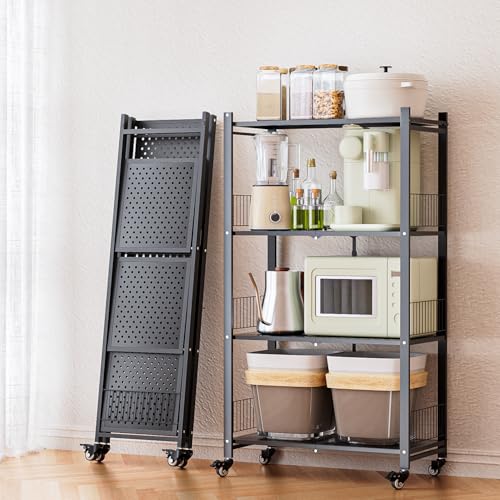 Folding Storage Shelves, 4-Tier Metal Foldable Shelf Shelving Rack Organizer On Rolling Wheels in Kitchen Warehouse Patio Pantry Garage Collapsible Shelves No Assembly (Black, 4-Layer) - color: Black/4-tier