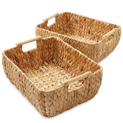 Casafield Set of 2 Water Hyacinth Oval Storage Baskets with Wooden Handles - Large, Woven Bin Organizers - color: Natural - Hyacinth, size: Set of 2 - Large