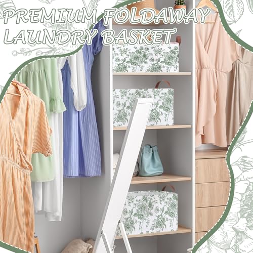Boao 3 Pcs Sage Green Floral Storage Bin Collapsible Large Storage Baskets for Gifts Canvas Laundry Basket Foldable Box with Handle for Office Home Bedroom Clothes - style: Green Flower