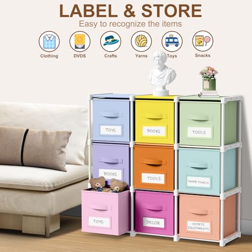 Geelin 9 Cube Toy Storage Organizer with Fabric Bins and Labels, 11 Inch Collapsible Colorful Cubby Storage Drawers Pastel Dresser with Shelf for Playroom Nursery Closet Bedroom Dorm - color: Pastel