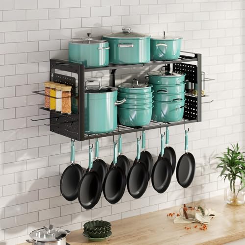 31 Inch Pot Rack Wall Mounted, 2-Tier Pots and Pans Organizer with 20 Hooks & Pan Organizer and Spice Rack, Heavy Duty Hanging Pot Hanger for Kitchen Cookware, Utensils, Black - style: without Pot Lid Holder