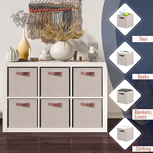 Ornavo Home 13 x 13 Storage Cube Bins, Foldable Collapsible Fabric Storage Bins Box Linen Shelf Basket Cube Organizer for Closet with Leather Handles, 6 Pack, Beige - color: Beige, size: Cube - 13 x 13 x 13