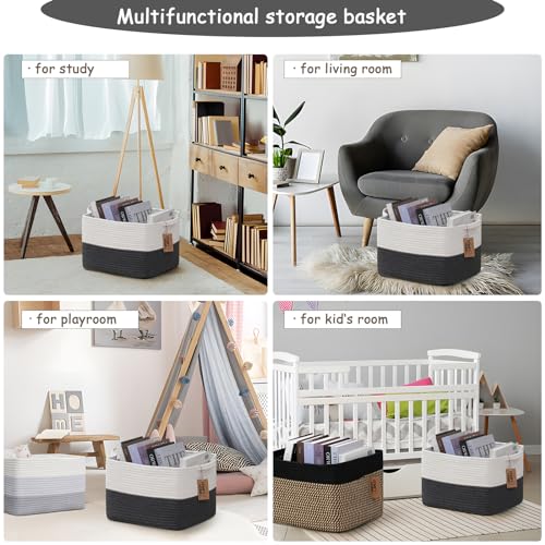 COMFY-HOMI Cotton Rope Woven Basket with Handles for Shelves,Toys,Book, Cloth Storage Baskets Bin for Organizing-13.5"x11"x9.5" Toy Decorative Organizer for Living Room, Bathroom-White/Dark Grey - color: dark grey, size: 13.5"X11"X9.5"