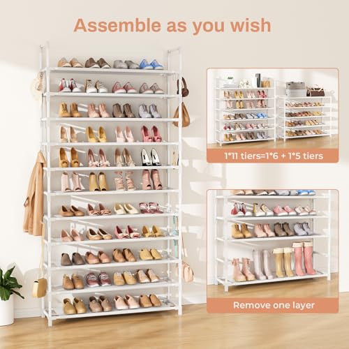 LANTEFUL 11 Tiers Tall Shoe Rack Holds 55 Pairs of Shoes with 18pcs Hooks Sturdy Wide Shoe Organizer Storage Free Standing Metal Shoe Shelf for Closet, Entryway White - color: White, size: 11 Tier-74.8" High-34" Wide