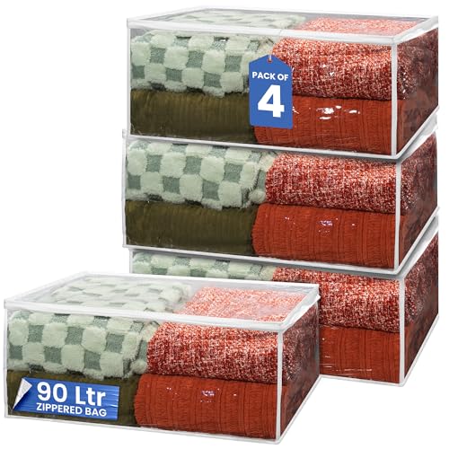 Handy Laundry Blanket Storage Bags - 90 L, Pack Of 4, Zippered Large Clear Plastic Storage Bag, Shield Your Quilt Blankets, Bedding & Clothes from Dust, Dirt & Moisture, Gliding Zipper for Easy Access - color: Clear 4-Pack