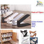 HYGRAD BUILT TO SURVIVE Shoe Slots Pack Of 12 Space-Saving Adjustable Shoe Storage Organiser with 3-Level Height, Non-Slip Shelf Holder, Plastic (Grey) - color: Grey