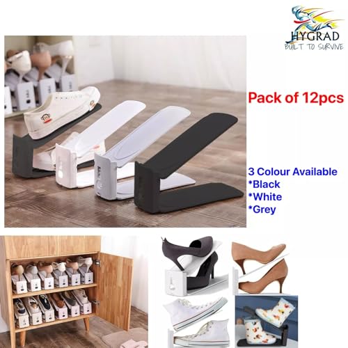 HYGRAD BUILT TO SURVIVE Shoe Slots Pack Of 12 Space-Saving Adjustable Shoe Storage Organiser with 3-Level Height, Non-Slip Shelf Holder, Plastic (White) - color: White
