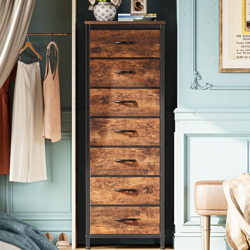 Huuger Tall Dresser for Bedroom, 7 Drawer Dresser & Chests of Drawers, Fabric Drawer for Closet, Bedroom, Night Stand, Metal Frame, Storage Tower with Fabric Bins, Rustic Brown - color: Rustic Brown, size: 50.0inch(7 Drawers)