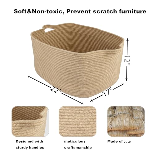 XUANGUO Large Rectangle Blankets Basket Living Room 22"x17"x12" Woven Jute Rope Storage Baskets for Nursery Toy Baskets for Kids and Dogs Wicker Laundry Basket Bin for Clothes Towels - color: Jute