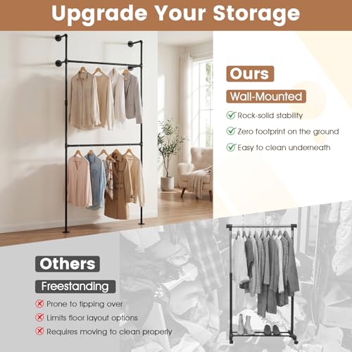 Giantex Industrial Pipe Clothing Rack, 42" Wall Mounted Heavy-Duty Metal Garment Organizer with 2 Hanging Rods, 2-Tier Walk-in Closet System for Wardrobe Closet, Retail Display - size: 42 Inches