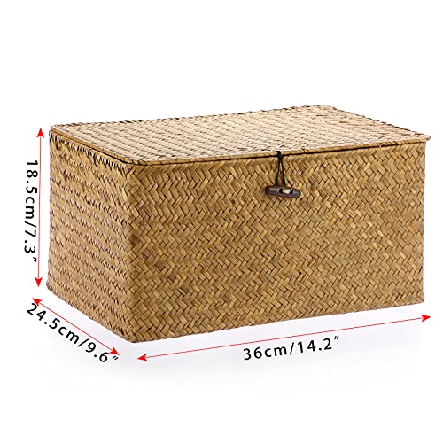 Hipiwe Wicker Shelf Baskets Bin with Lid, Handwoven Seagrass Basket Storage Bins Rectangular Household Basket Boxes for Shelf Wardrobe Home Organizer, Caramel Large - color: Caramel, size: Large