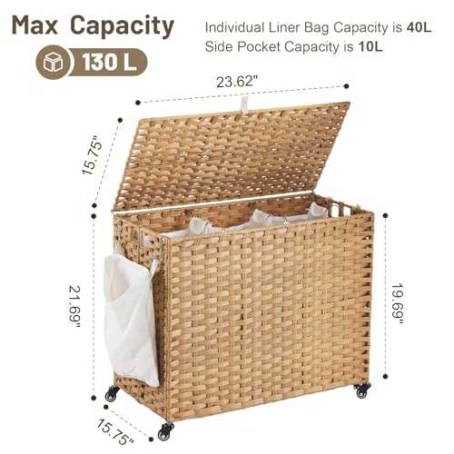 Laundry Hamper with Wheels, 34.3 Gallon(130L) Rolling Laundry Basket with Lid, 3-Section Rattan Clothes Hamper with 3 Removable Liner & 3 Mesh Bags, Laundry Sorter with Side Pocket, Natural - color: Natural, size: 130L（23.62 x 15.75 x 21.65 Inches）