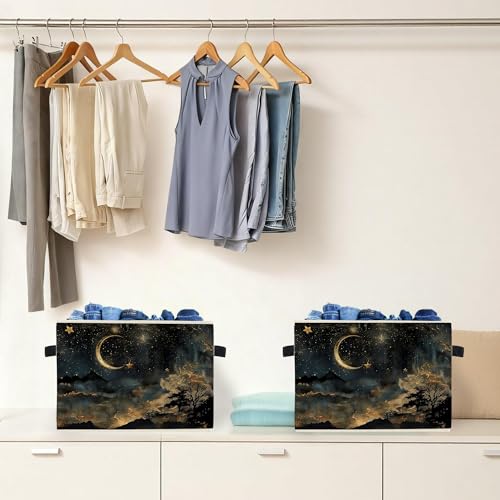 Mystical Crescent Moon Star Celestial Storage Box Bins, Moody Starry Night Sky Collapsible Storage Basket Organizer for Bedroom Laundry Room Home Clothes Toys Books, Toybox for Kids - color: Mystical Moon-02