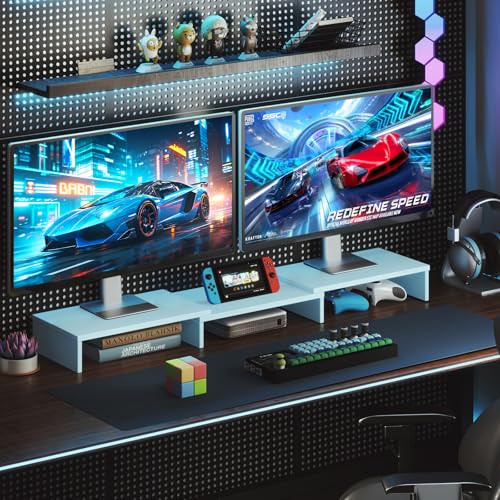 TAVR Dual Monitor Stand Riser Office Desktop Organizer Stand for 2 Monitors, Adjustable Length and Angle 3 Shelf, Extra Long Multifunctional Stand up to 43.3" fit Computer, Laptop, TV, Blue - color: Blue