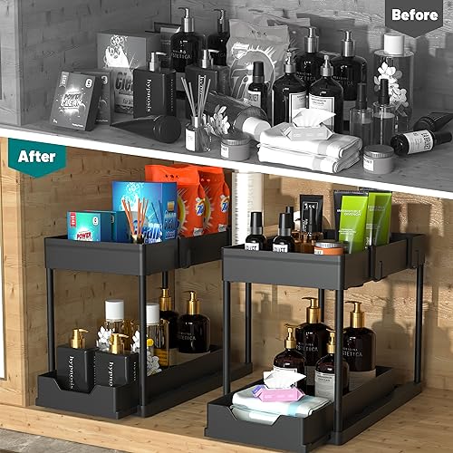 Under Sink Organizer -2 PACK|Pull Out Bathroom Organizer|2 Tier Slide Out Bathroom/Kitchen Organiers and Storage. (2 PACK Normal) - style: 2 PACK Normal