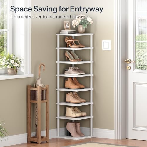 HOOBRO Vertical Shoe Rack, 8-Tier Narrow Shoe Shelf, Shoe Storage Organizer for Small Space, 11" L x 11" W x 53" H, Closet, Entryway, Hallway, Bedroom, White WW22XJ01 - color: White + White, size: 11"L x 11"W x 53"H