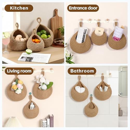Hanging Storage Baskets Boho Decor Set of 3, Handmade Cotton Rope Wall-Mounted Fruit & Vegetable Baskets, Decorative Hanging Organizers for Kitchen, Entryway, Bathroom & Bedroom - color: Linen