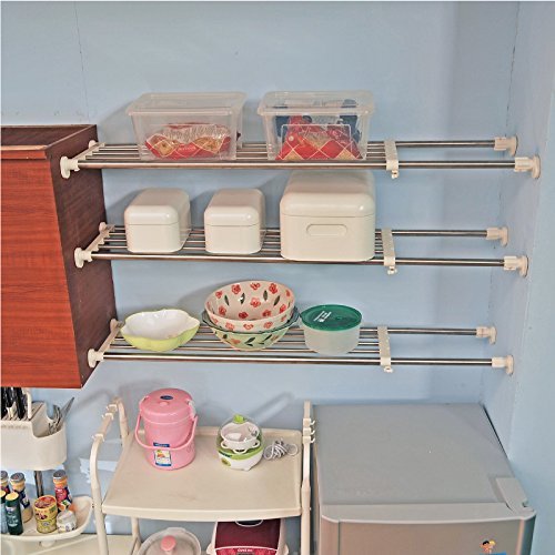BAOYOUNI Tension Rod Shelf Expandable Closet Organizer Heavy Duty Adjustable Clothes Hanger Rack DIY Space Saver Layered Separator Divider 27.17''-36.02'', Ivory - size: (27.17-36.02) IN