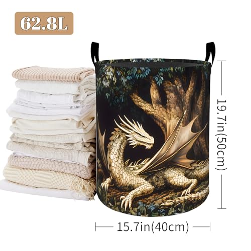 Fantasy Dragon Laundry Basket, Forest Design Foldable Oxford Cloth, Waterproof Dirty Clothes Hamper with Handles, Clothing Storage Bucket Toy Organizer for Bathroom Bedroom Dorm, 19.7"x15.7" - style: Dragon 01