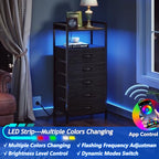 Furnulem Night Stand with Charging Station, Tall Black Dresser for Bedroom, Nightstand with Led Light, Bed Side Table for Living Room, Fabric Storage Drawer, Metal Frame, Wood Furniture - color: Black Oak, style: 5 Drawer