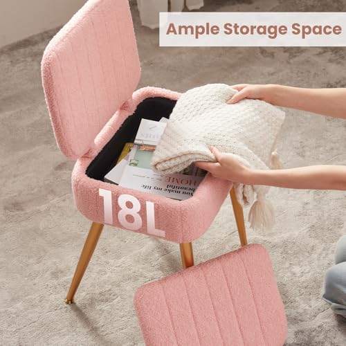Updated Vanity Chair, Storage Ottoman with Folding Back & Gold-Toned Metal Legs, Ottoman Seat with Teddy Velvet for Dressing Room Living Room Bedroom, 16" x 12.5" Inch - color: Pink, size: 16" x 12.5"