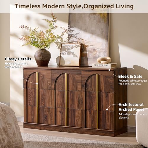 ACCOHOHO Arched Dresser for Bedroom with 9 Drawers, 52" Wide Modern Chest of Drawers with Rounded Edge & Metal Handles, Wood Storage Closet Dressers TV Stand for Living Room, Hallway, Brown - color: Brown, size: 15.6"D x 52"W x 32"H (9 Drawers)
