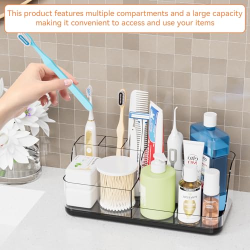 Yieach Mens Bathroom Organizer and Storage,Black Bathroom Sink Caddy Countertop,Large 7 Slot Vanity Bathroom Toiletry Organizers and Toothbrush Holders for Toothpaste,Electric Tooth Brush Organizer - color: Black+clear