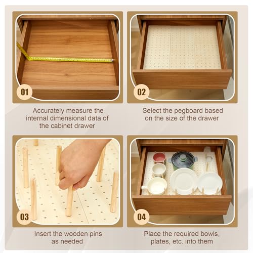 Kigley 3 Pcs Wood Pegboard Drawer Organizer with 32 Pegs Wooden Peg Board Drawer Shelf Organizer Adjustable Peg System for Dishes Plate Pot Container Cookware Utensil Kitchen(17 x 5.91 in) - size: 17 x 5.91 in