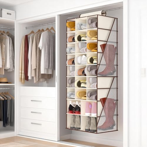VERONLY Hanging Shoe Organizer for Closet-Collapsible Storage Rack with 25 Sections & 4 Side Pockets, Hanging Shoe Shelves for Hats,and Clothes, Beige - style: 3-Column Beige