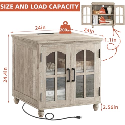 RWYHG Farmhouse End Table with Charging Station,24" Large Sofa Side Table with Glass Barn Door,Rustic Wood Night Stand with Adjustable Storage Shelf,Square Bedside Table for Living Room,Bedroom Office - color: Grey, size: Set 1