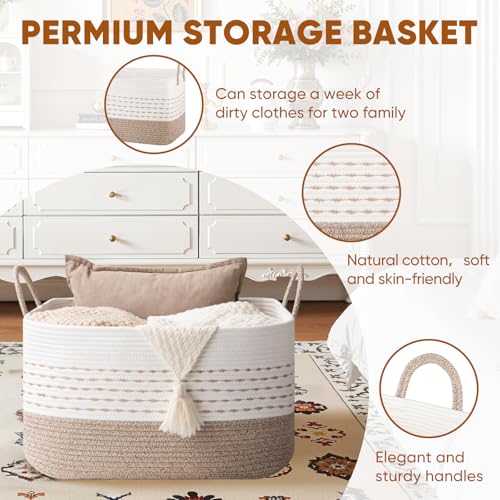 OIASKET 75L Large Cotton Rope Blanket Basket, Soft Baby Storage Basket for Toys, Pillow and Clothes，Decorative Woven Laundry basket with Handles for Living Room-Brown & White - color: Brown & White, size: 75L