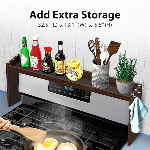IIIOIIIA Bamboo Over the Stove Spice Rack Organizer Shelf for Kitchen, 31.5" with 6 Hooks, 11.4" Height Extra Storage Countertop, Easy to Assemble, Walnut - color: Bamboo Walnut