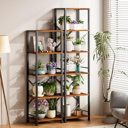 Furologee 5 Tier Tall Bookshelf, Rustic Narrow Bookcase, Display Standing Shelf Units, Metal and Wood Storage Shelves Organizer for Bedroom, Living Room, Home Office, Entryway, Kitchen, Rustic Brown - color: Rustic Brown, size: 5 Tier - 15.3"W