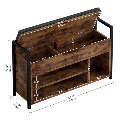 IRONCK Shoe Storage Bench, Entryway Bench with Lift Top Storage Box, Metal and Board Bench for Entryway, Two Tier Shoe Rack Organizer for Entryway, Hallway, Industrial, Vintage Brown - size: 35.4" W