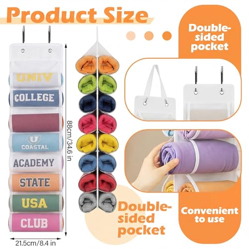 Over The Door Hoodie Organizer, Double Sided Holds 16 Hoodies, White Hanging Storage with 2 Hooks and Rope for Door Closet Cabinet Use, Ideal for Dorm Rooms Bedroom, Small Spaces - color: White