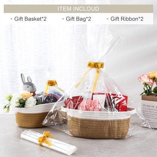 2 Pack Small Woven Basket with Gift Bags and Ribbons, Empty Decorative Gift Chest Box, Cute Baby Gift Basket for Nursery, Cotton Rope Room Shelf Storage Basket wi Handles, All 12"x 8"x 5",Yellow - color: Yellow