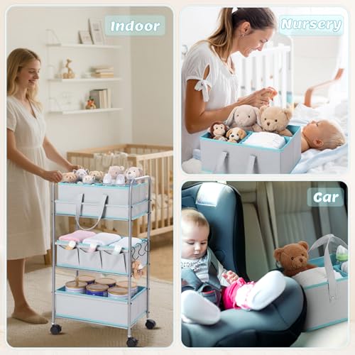 FoldTier 2in1 Colorful Baby Diaper Caddy Organizer Cart 3 Tier Large Capacity Metal Utility Bedside Rolling Cart with Divider for Newborn Nursery Essential Must Have Crib Bedroom Baby Shower (Blue) - color: Blue