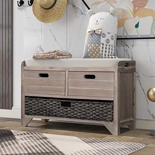 Fully Assembled Solid Acacia Wood Storage Bench - Shoe Organizer with 2 Drawers, Removable Basket & Padded Cushion, Rustic Entryway Bench (White Washed) - color: White Washed