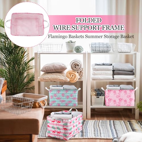 Geelin 3 Pcs Flamingo Baskets Summer Storage Basket for Gifts Collapsible Waterproof Canvas Cute Storage Bin Organizer with Handles for Book Closet Shelf Nursery Decor - style: Flamingo