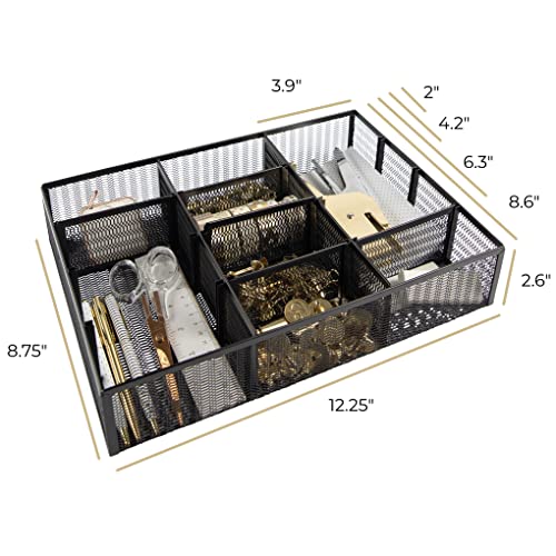 BLU MONACO | Black Metal Mesh Desk Drawer Organizer Tray | 12 Adjustable Compartments & 9 Removable Dividers | Space-Saving Office Supplies Organizer for Drawers, Vanity, Kitchen & Workspace Storage
