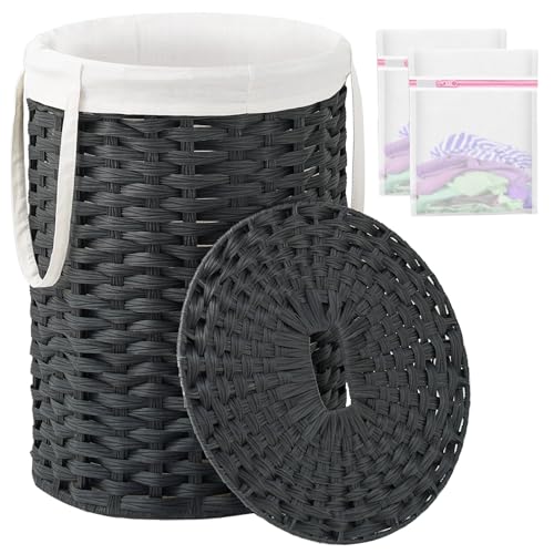 SETVSON Laundry Hamper with Lid Laundry Basket with Lid 19.0 Gal (72 L) Round Wicker Laundry Basket Handwoven Rattan Basket with Lid Removable Bag 2 Mesh Bags Handles for Living Room Bathroom Black - color: Black, size: 72L
