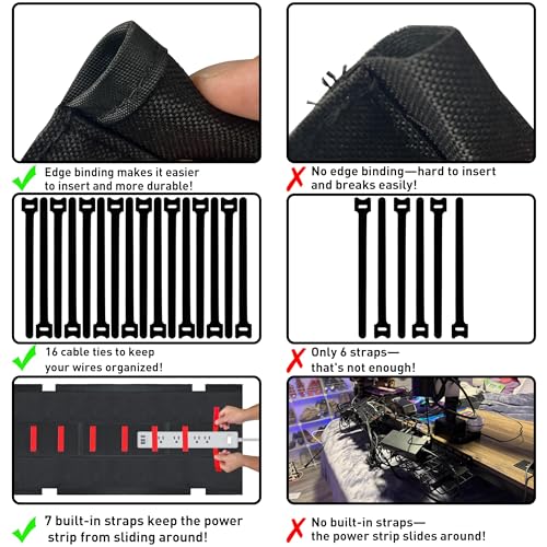Under Desk Cable Management No Drill – 28" L x 6" W Cord Organizer, Upgraded Silicone Pads (No Scratch), 16 Cable Slots, Washable PE Honeycomb Base, Fits Desks 0–2.1" Thick, Black - color: Black, size: Upgraded with Enhanced Features-28"L x 6"W