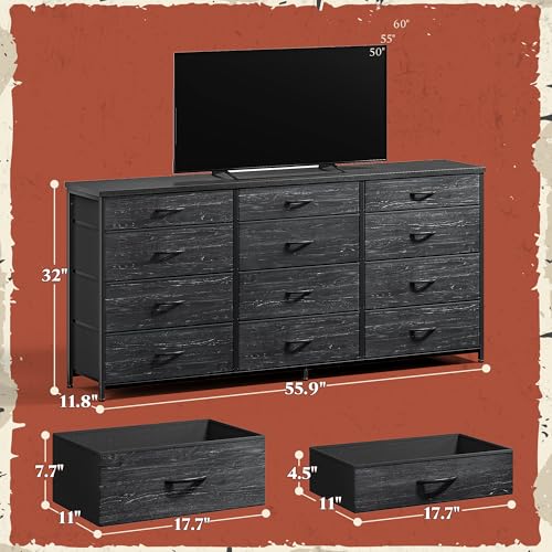 Romorgniz 55" Long Dresser for Bedroom with 12 Fabric Drawers, Entertainment Center for 60 inch TV Dressers & Chests of Drawers Large Organizer, Living Room, Metal Frame, Wood Top, Black - color: Black