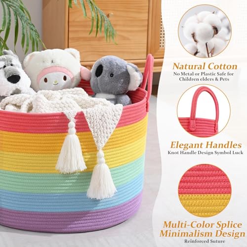 Rainbow Toy Basket, 20"x13" Extra Large Kids Toy Storage for Playroom Classroom Nursery, Woven Rope Blanket Basket with Handles, Stuffed Animal Organizer & Dog Toys Basket - color: Rainbow - Wide