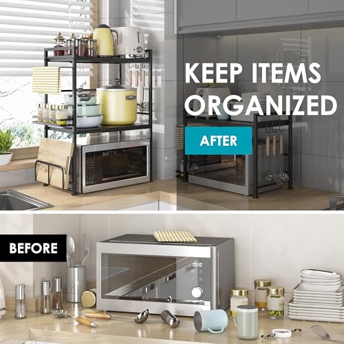 DOLALIKE Microwave Oven Rack, Expandable Microwave Stand Countertop Kitchen Utensils Tableware Storage, Carbon Steel Over Microwave Shelf Countertop with 6 Hooks - color: Black, size: 3 Tier (With Spice Rack)