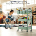 YASONIC 3-Tier Rolling Cart, Green, 66 Pounds Capacity, Mesh Storage Organizer with Lockable Wheels, 3 Hanging Cups, 4 Hooks, Easy Assembly, for Kitchen, Bathroom, Laundry, Grocery - color: Green