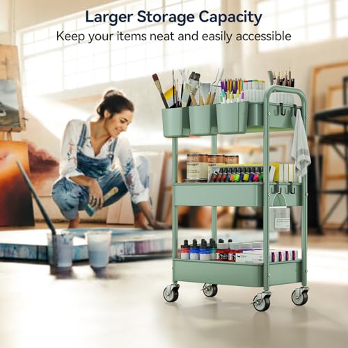YASONIC 3-Tier Rolling Cart, Green, 66 Pounds Capacity, Mesh Storage Organizer with Lockable Wheels, 3 Hanging Cups, 4 Hooks, Easy Assembly, for Kitchen, Bathroom, Laundry, Grocery - color: Green